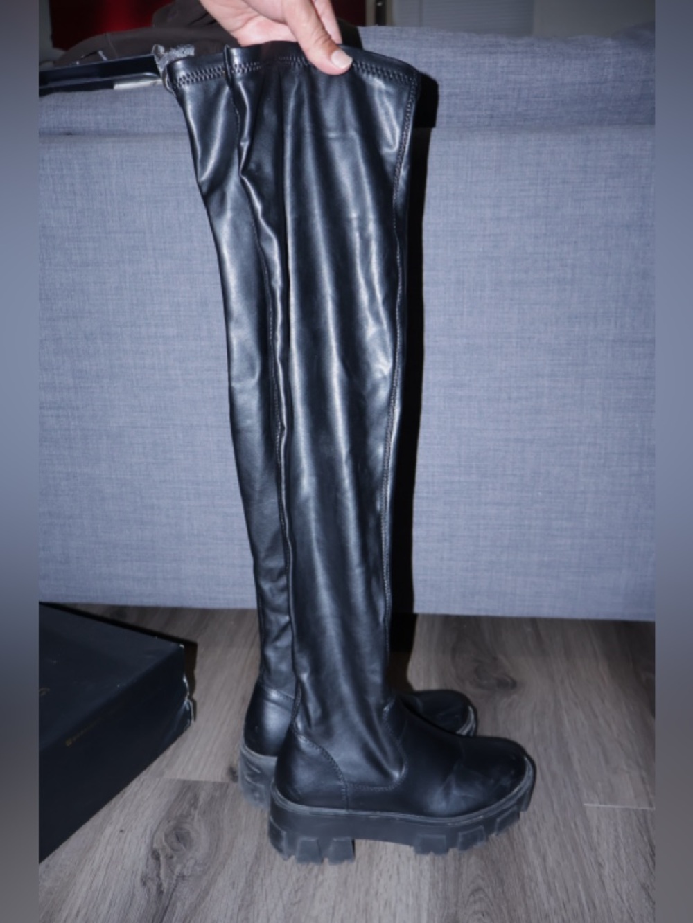 AZALEA WANG LATE NIGHTS OVER THE KNEE FLATFORM BOOT WITH 4 WAY STRETCH IN BLACK - Picture 2 of 11